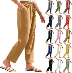 Cropped Linen Pants Women Summer Elastic Drawstring Waist Tapered Straight Leg Crop Pants Casual Beach Ankle Trousers