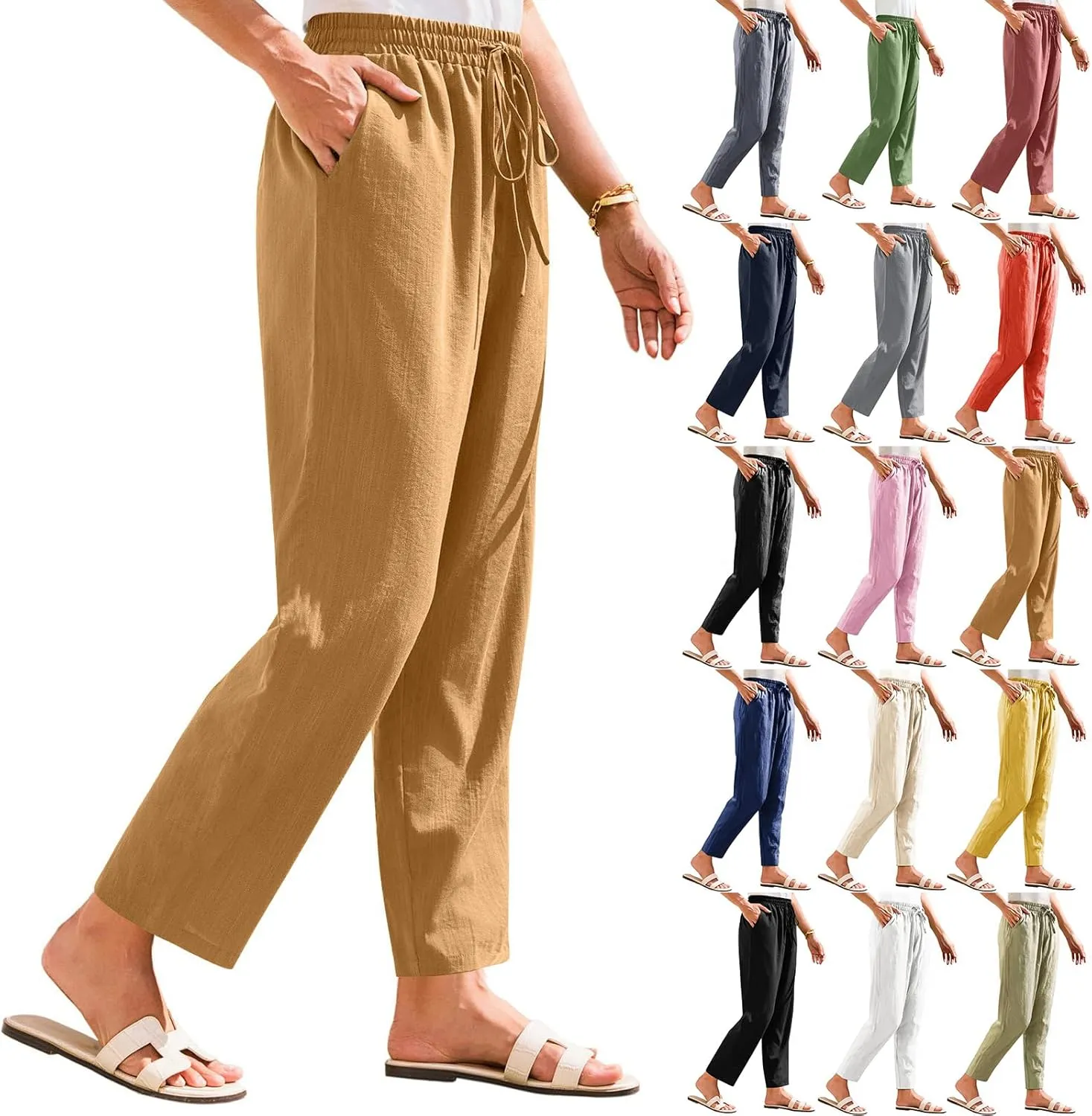 Cropped Linen Pants Women Summer Elastic Drawstring Waist Tapered Straight Leg Crop Pants Casual Beach Ankle Trousers