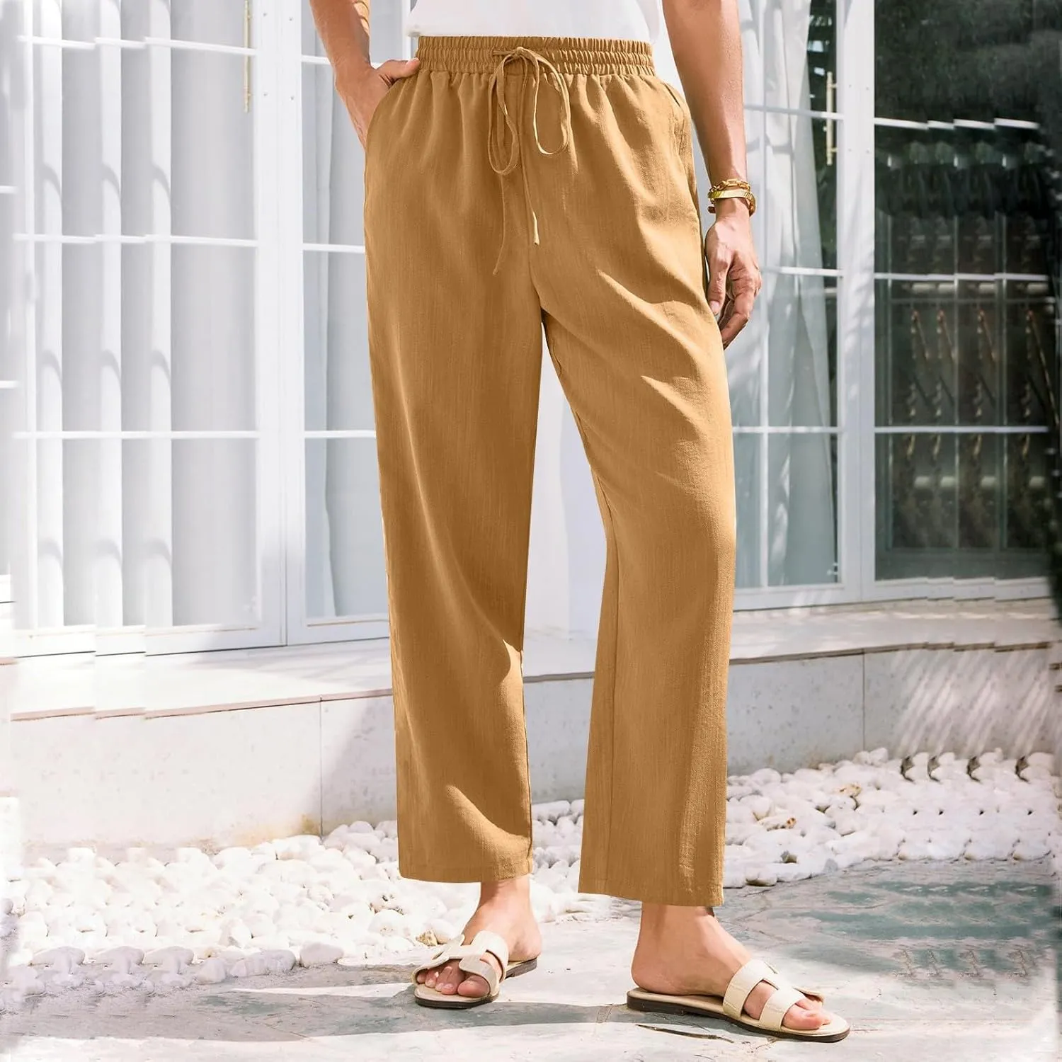 Cropped Linen Pants Women Summer Elastic Drawstring Waist Tapered Straight Leg Crop Pants Casual Beach Ankle Trousers