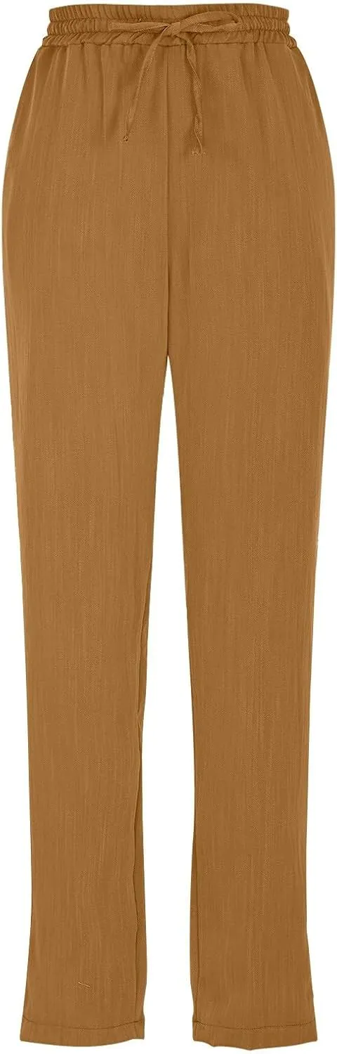 Cropped Linen Pants Women Summer Elastic Drawstring Waist Tapered Straight Leg Crop Pants Casual Beach Ankle Trousers