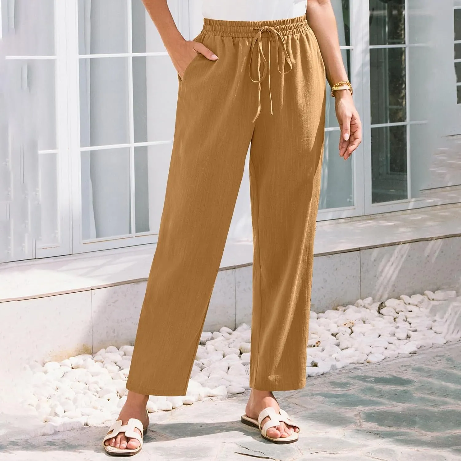 Cropped Linen Pants Women Summer Elastic Drawstring Waist Tapered Straight Leg Crop Pants Casual Beach Ankle Trousers