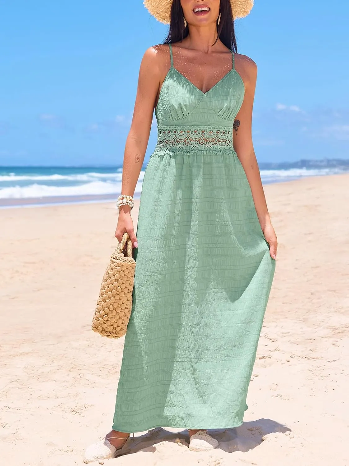CUPSHE Women Backless Maxi Beach Summer Dress V Neck Lace Cutout Back Tie Spaghetti Strap Casual Wedding Guest Dresses
