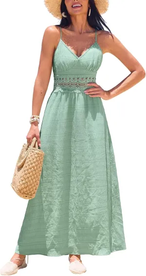 CUPSHE Women Backless Maxi Beach Summer Dress V Neck Lace Cutout Back Tie Spaghetti Strap Casual Wedding Guest Dresses