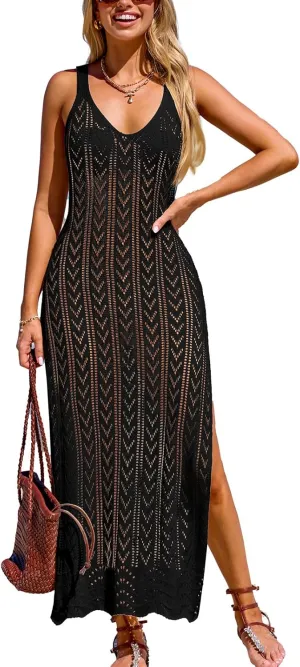 CUPSHE Womens Crochet Swimsuit Coverup Sleeveless Mesh Bathing Suit Cover Ups Split Maxi Beach Dress