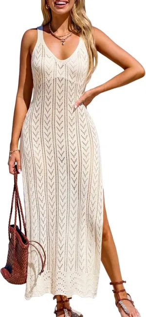 CUPSHE Womens Crochet Swimsuit Coverup Sleeveless Mesh Bathing Suit Cover Ups Split Maxi Beach Dress