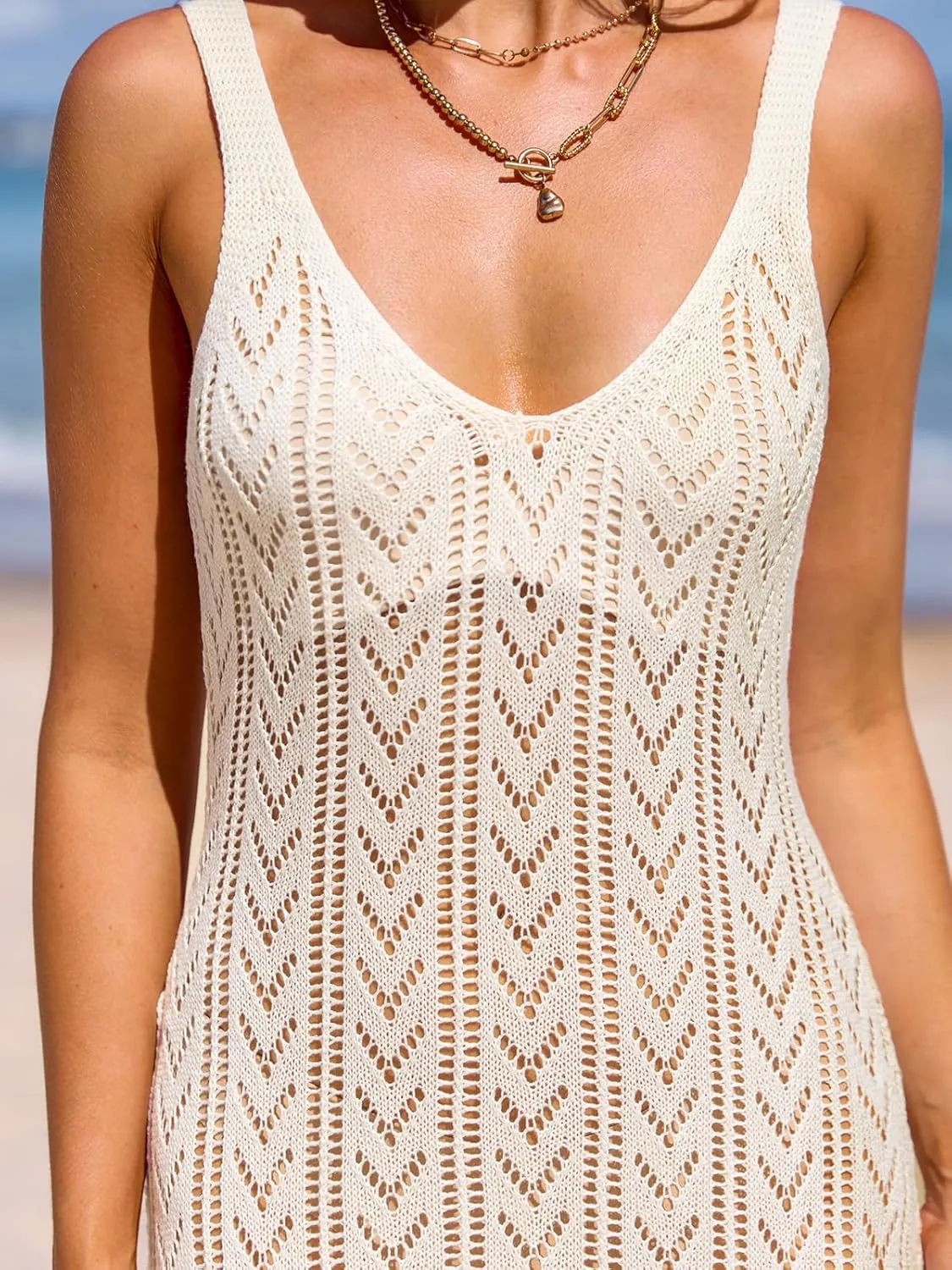 CUPSHE Womens Crochet Swimsuit Coverup Sleeveless Mesh Bathing Suit Cover Ups Split Maxi Beach Dress
