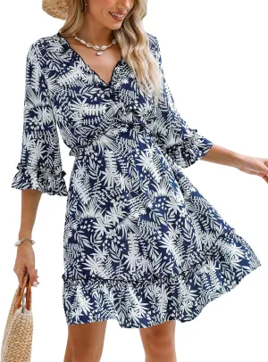 CUPSHE Women's Floral Print Mini Dress Ruffled V Neck Half Sleeve Self Tie Back Summer Casual Beach Dress