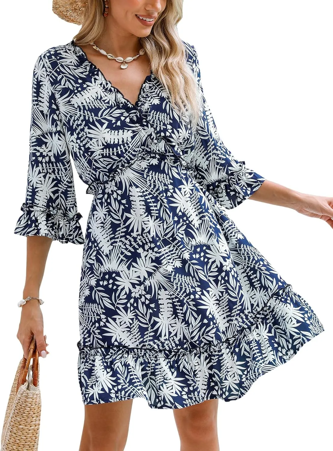 CUPSHE Women's Floral Print Mini Dress Ruffled V Neck Half Sleeve Self Tie Back Summer Casual Beach Dress