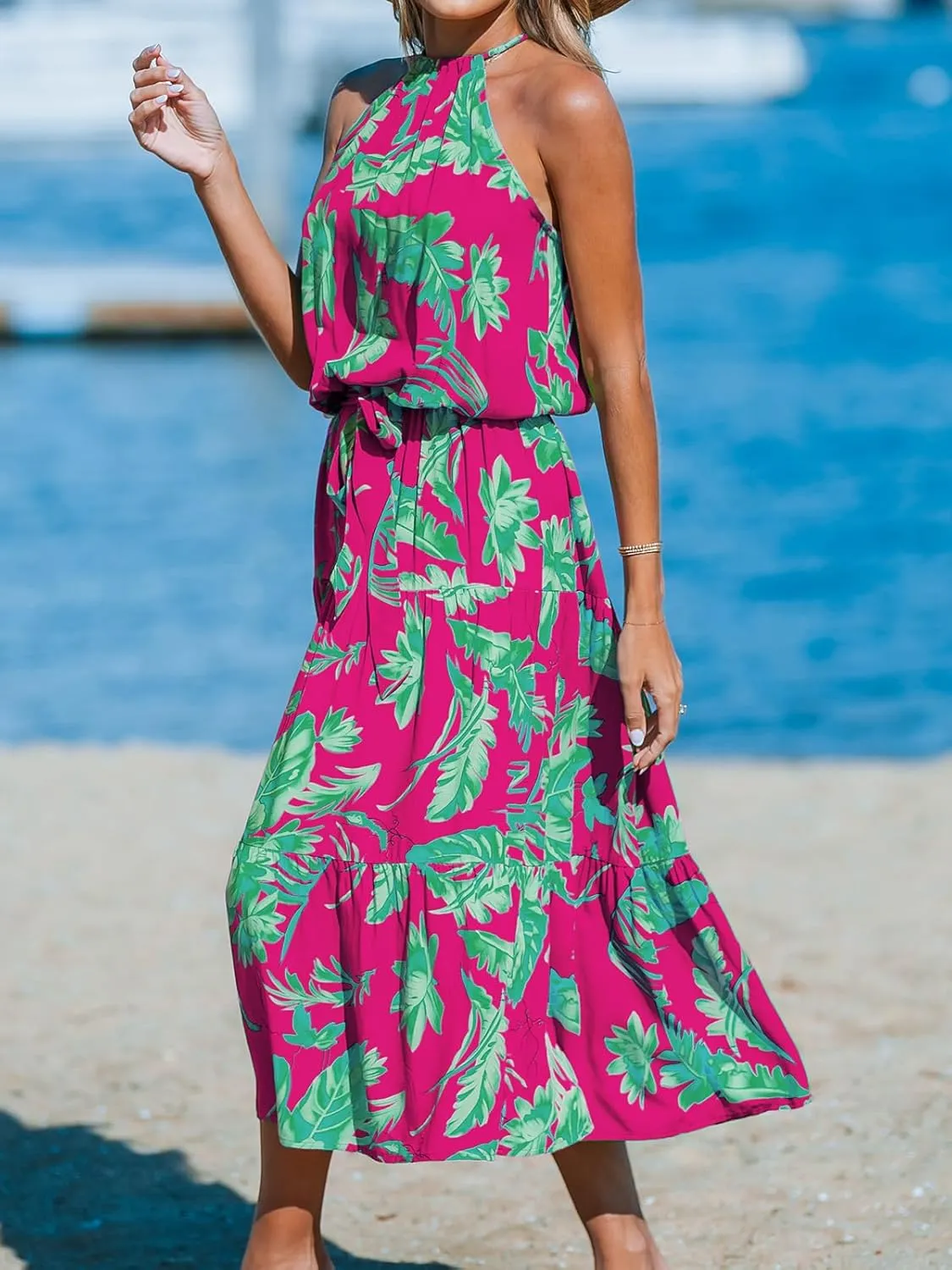 CUPSHE Women's Midi Dress Halter Floral Sleeveless Belted Ruffled A Line Casual Summer Dress