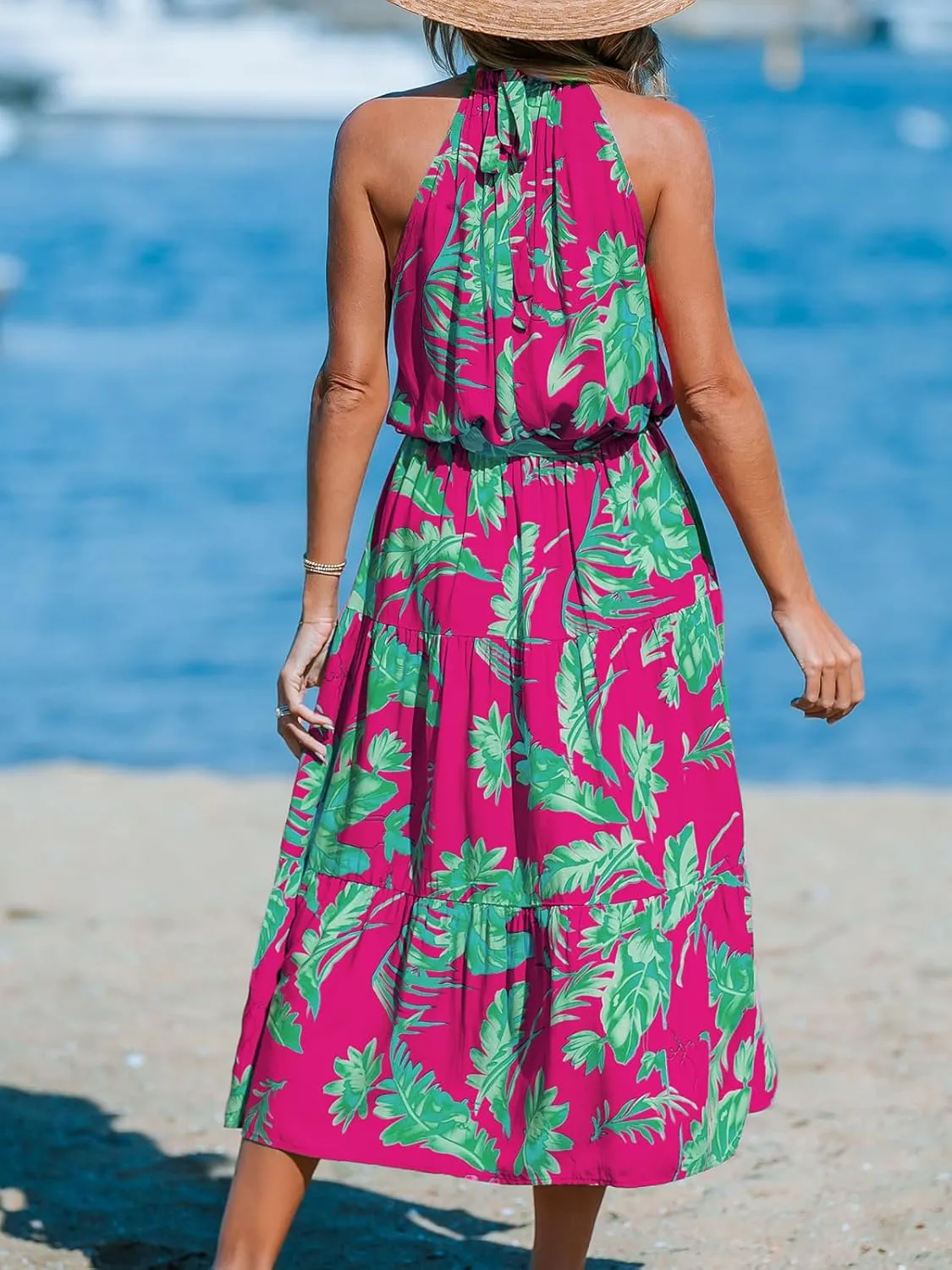 CUPSHE Women's Midi Dress Halter Floral Sleeveless Belted Ruffled A Line Casual Summer Dress