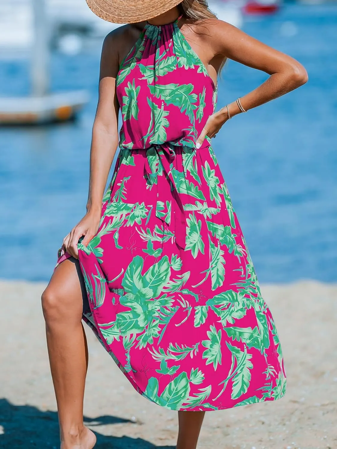 CUPSHE Women's Midi Dress Halter Floral Sleeveless Belted Ruffled A Line Casual Summer Dress