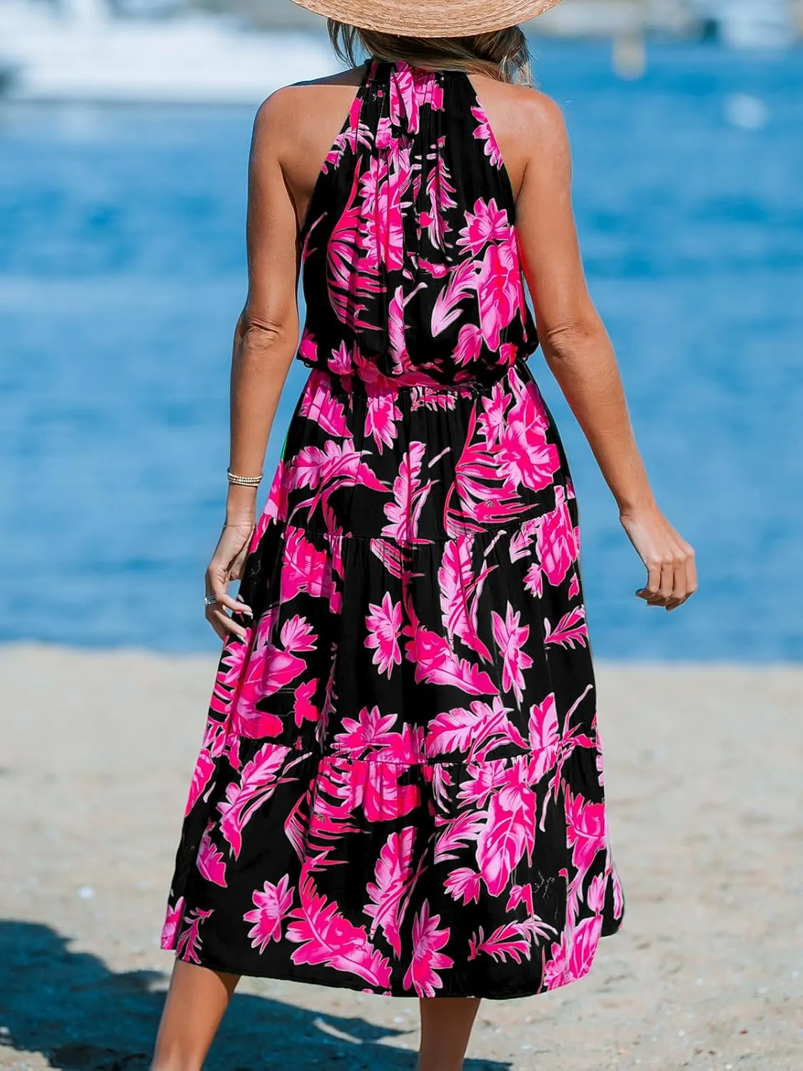 CUPSHE Women's Midi Dress Halter Floral Sleeveless Belted Ruffled A Line Casual Summer Dress