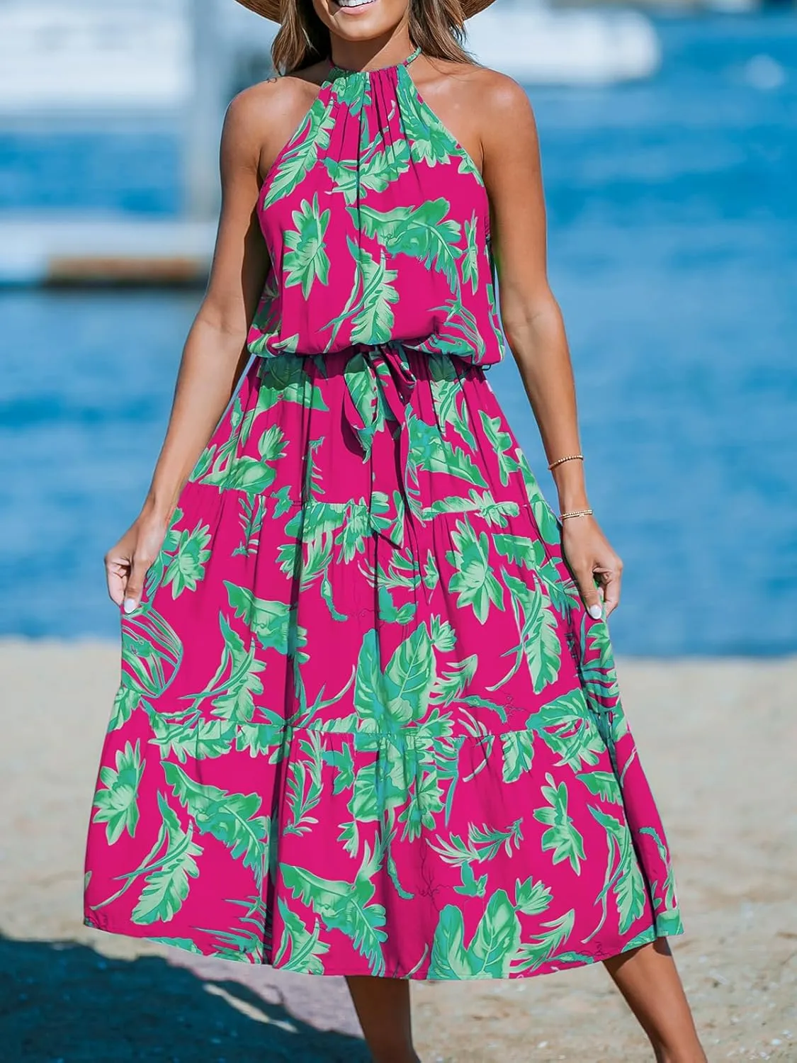 CUPSHE Women's Midi Dress Halter Floral Sleeveless Belted Ruffled A Line Casual Summer Dress