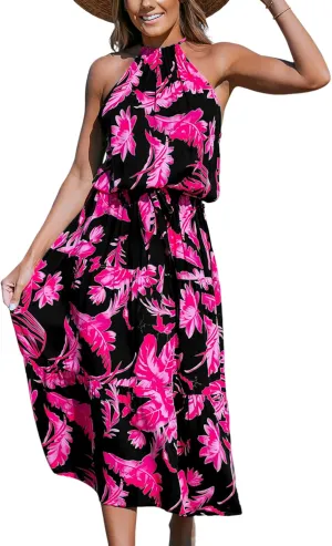 CUPSHE Women's Midi Dress Halter Floral Sleeveless Belted Ruffled A Line Casual Summer Dress