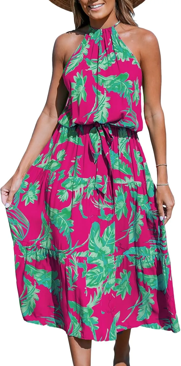 CUPSHE Women's Midi Dress Halter Floral Sleeveless Belted Ruffled A Line Casual Summer Dress