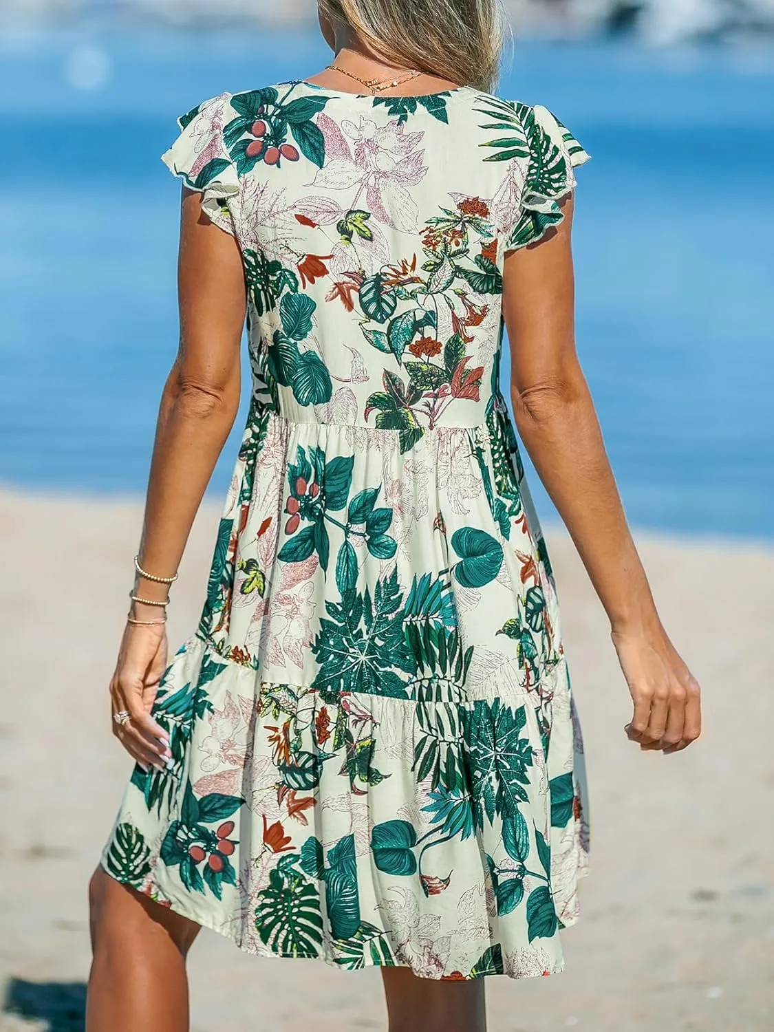 CUPSHE Women's Mini Dress V Neck Flutter Sleeve Floral Ruffled Short Summer Beach Dress