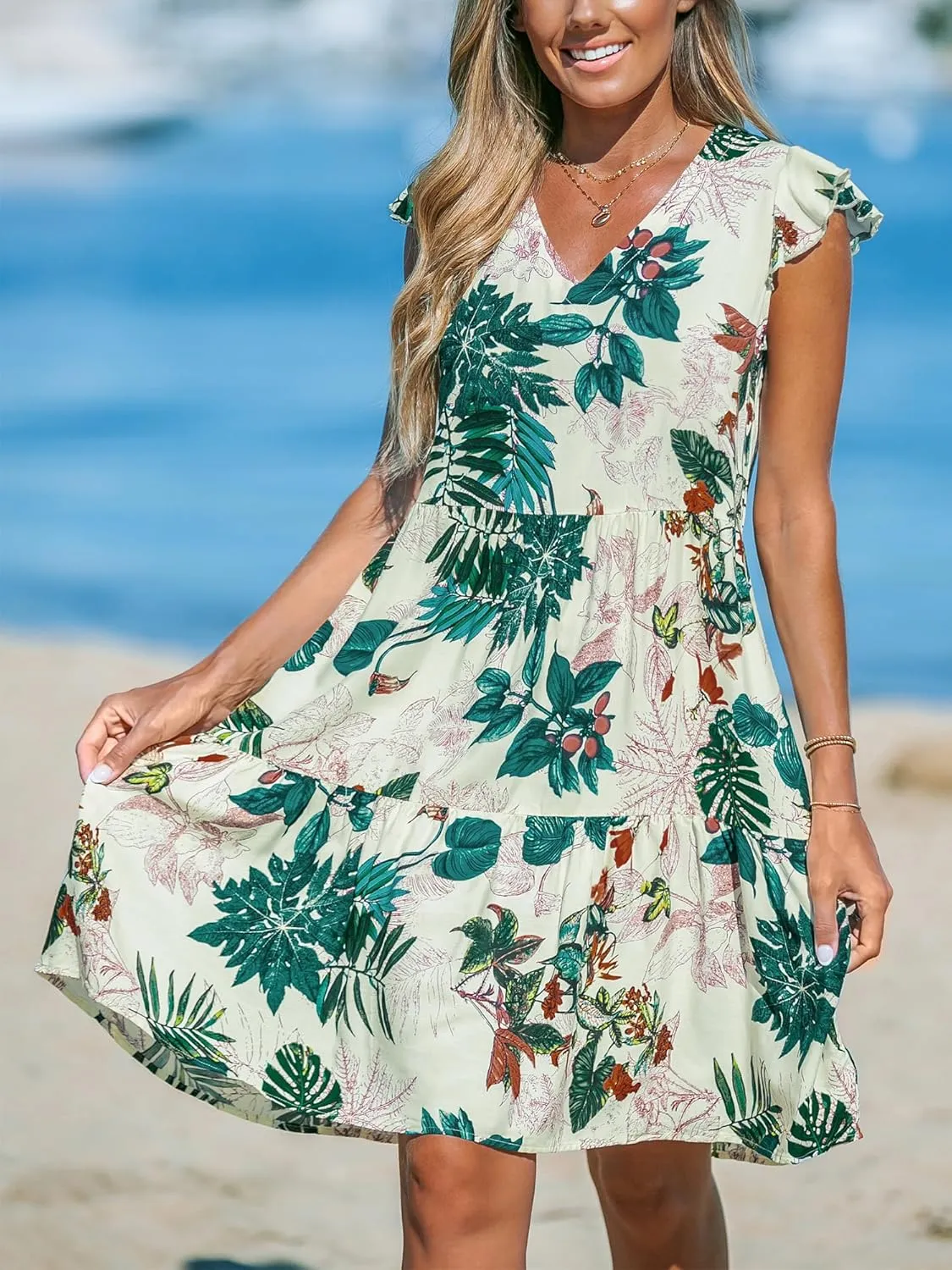 CUPSHE Women's Mini Dress V Neck Flutter Sleeve Floral Ruffled Short Summer Beach Dress