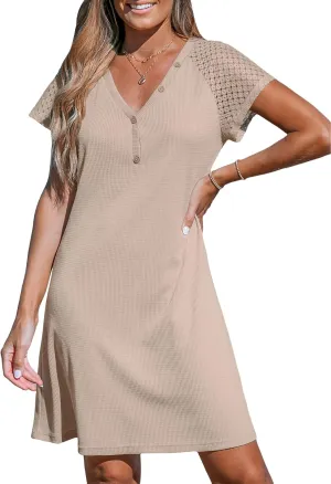 CUPSHE Women's Mini Dress V Neck Short Sleeve Eyelet Button A Line Fitted Knit Cover Up Summer Dress 2024