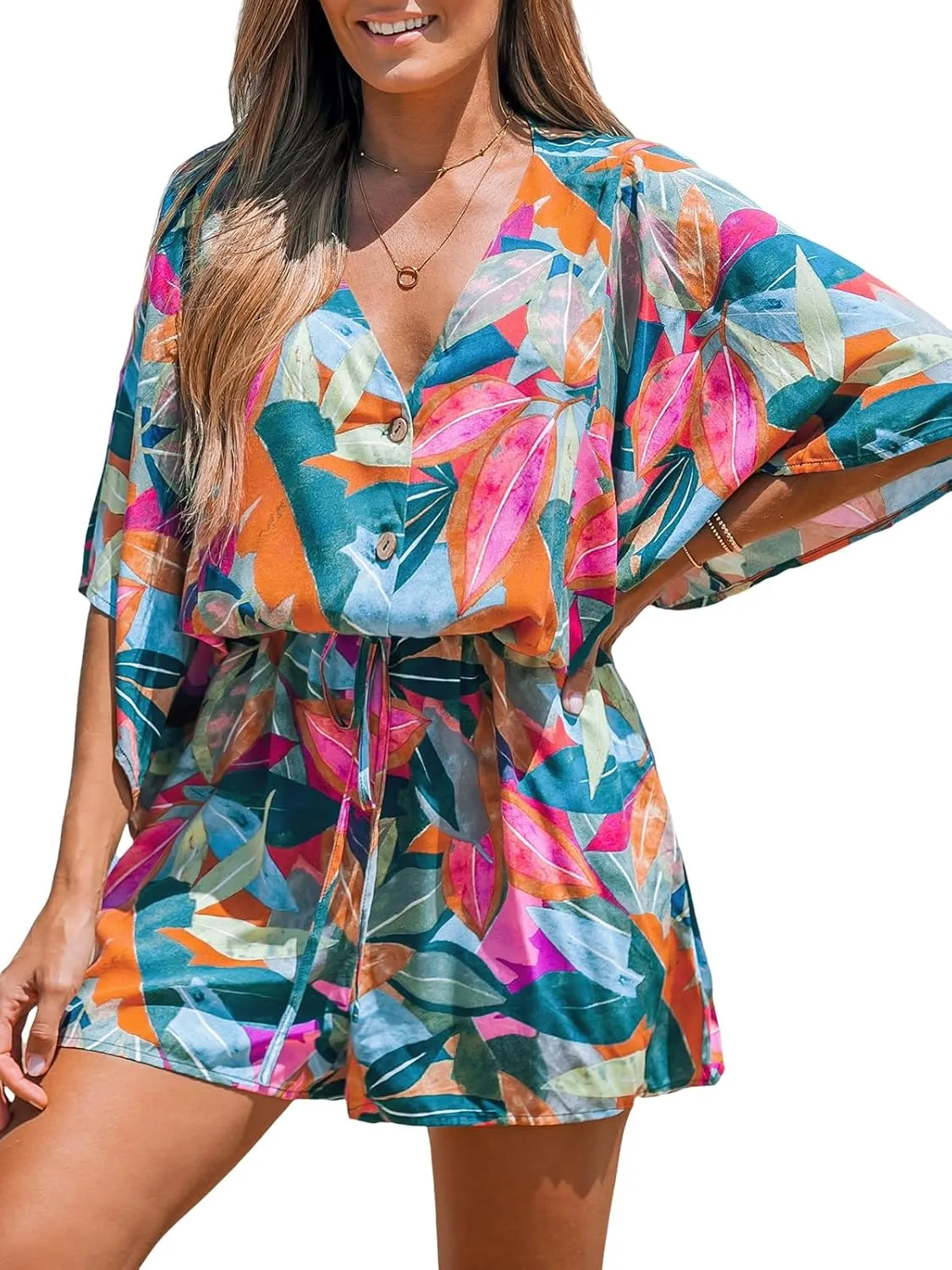 CUPSHE Women's Summer Romper Sleeveless Short Jumpsuit Romper Lace Up V Neck Wide Leg Trendy Beach Vacation Outfits