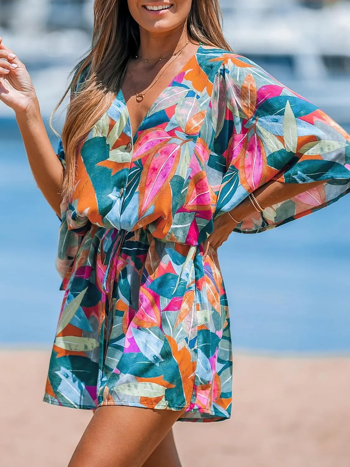CUPSHE Women's Summer Romper Sleeveless Short Jumpsuit Romper Lace Up V Neck Wide Leg Trendy Beach Vacation Outfits