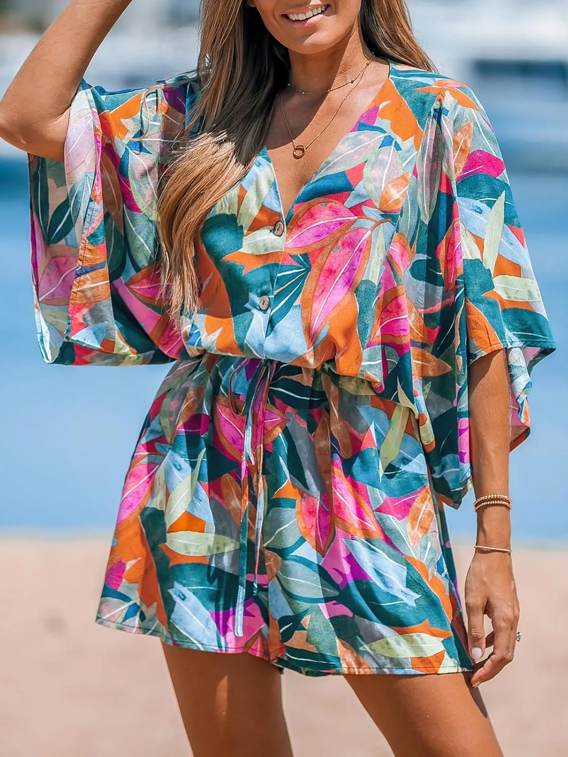 CUPSHE Women's Summer Romper Sleeveless Short Jumpsuit Romper Lace Up V Neck Wide Leg Trendy Beach Vacation Outfits