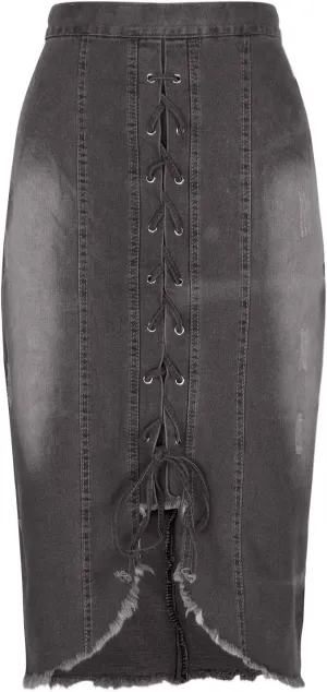 Denim Pencil Skirt for Women Lace-up Front Bodycon Jeans Skirt High Waist Gothic Punk Frayed Casual Work Skirts