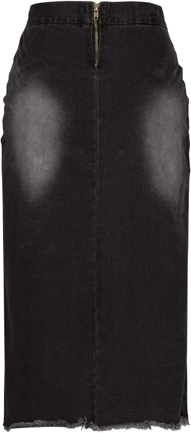 Denim Pencil Skirt for Women Lace-up Front Bodycon Jeans Skirt High Waist Gothic Punk Frayed Casual Work Skirts