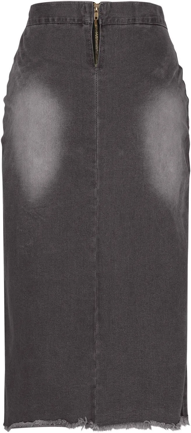 Denim Pencil Skirt for Women Lace-up Front Bodycon Jeans Skirt High Waist Gothic Punk Frayed Casual Work Skirts