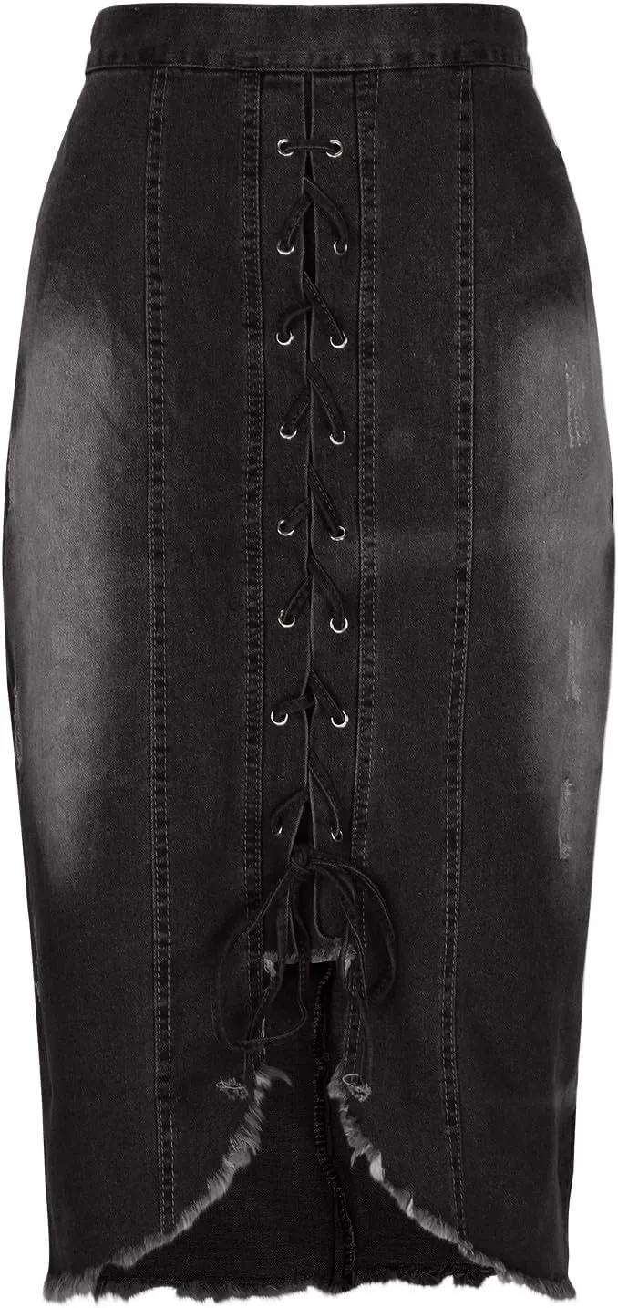 Denim Pencil Skirt for Women Lace-up Front Bodycon Jeans Skirt High Waist Gothic Punk Frayed Casual Work Skirts