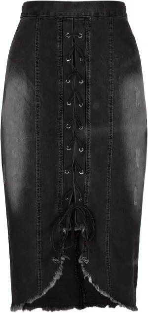 Denim Pencil Skirt for Women Lace-up Front Bodycon Jeans Skirt High Waist Gothic Punk Frayed Casual Work Skirts