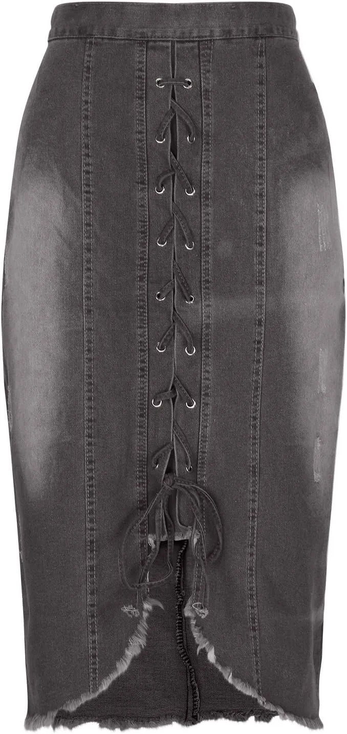 Denim Pencil Skirt for Women Lace-up Front Bodycon Jeans Skirt High Waist Gothic Punk Frayed Casual Work Skirts