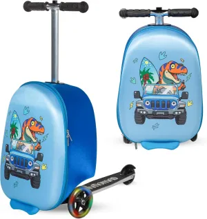 Dinosaur Ride-On Scooter Suitcase for Kids - Fun Travel Companion Luggage with Built-in Scooter, LED Wheels, and Carry-On Design for Boys Ages 5-12