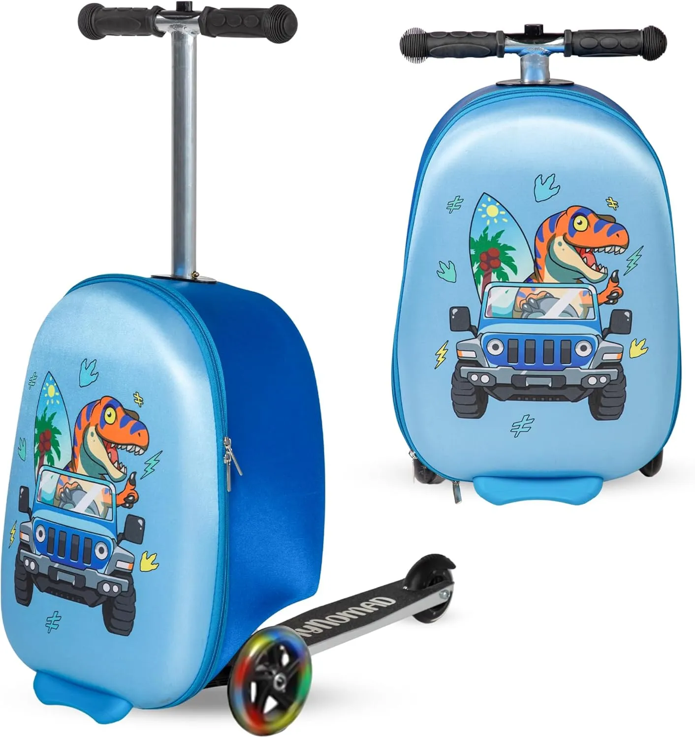 Dinosaur Ride-On Scooter Suitcase for Kids - Fun Travel Companion Luggage with Built-in Scooter, LED Wheels, and Carry-On Design for Boys Ages 5-12