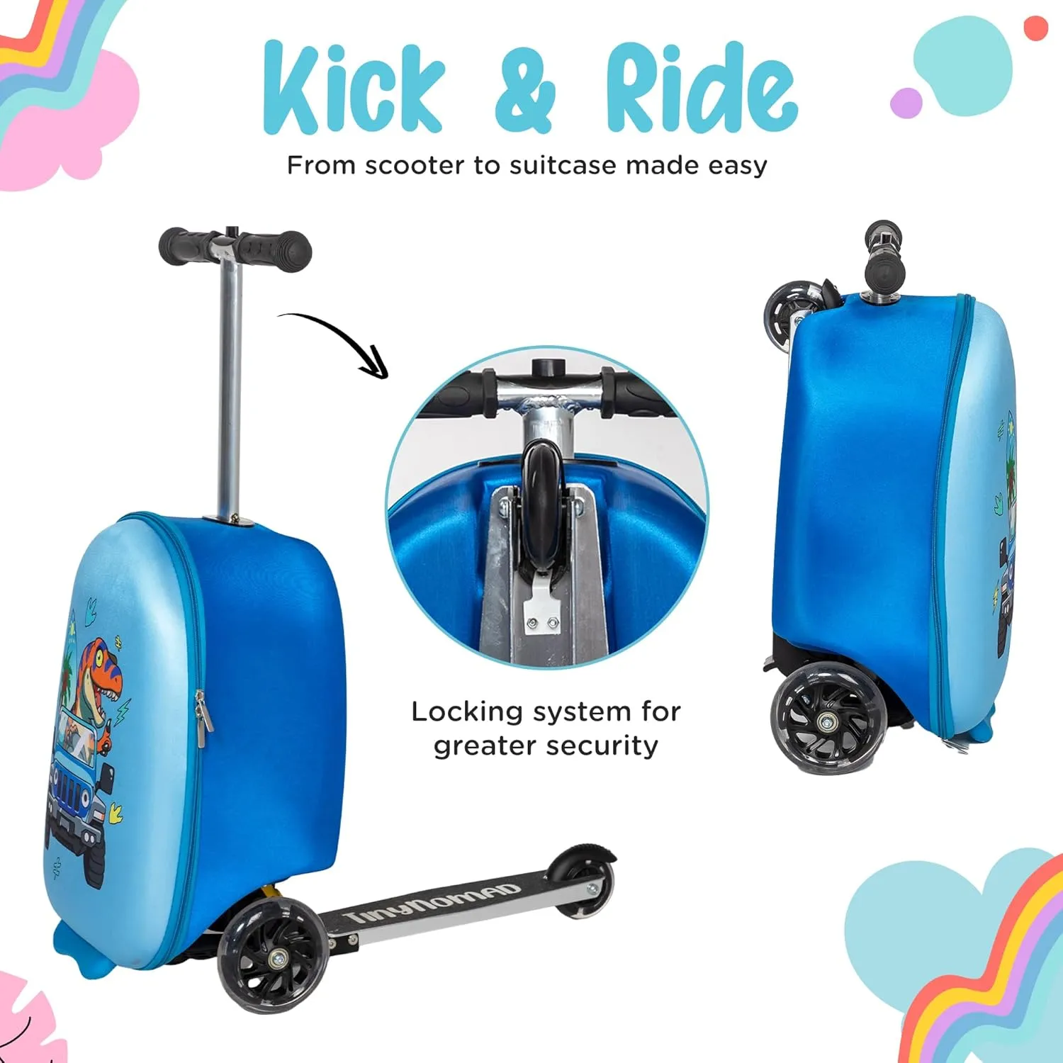 Dinosaur Ride-On Scooter Suitcase for Kids - Fun Travel Companion Luggage with Built-in Scooter, LED Wheels, and Carry-On Design for Boys Ages 5-12