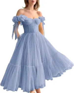 Dotted Tulle Off Shoulder Prom Dress for Women Sweetheart Midi Puffy Formal Party Gowns