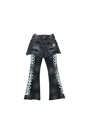 Double-layer Patchwork Distressed Washed Jeans