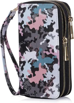 Double Zipper Wallet for Woman Clutch Purse with Cell Phone Holder for Smartphone/Card/Coin/Cash