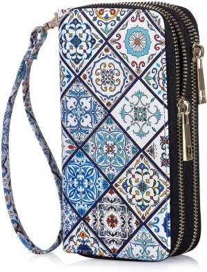 Double Zipper Wallet for Woman Clutch Purse with Cell Phone Holder for Smartphone/Card/Coin/Cash