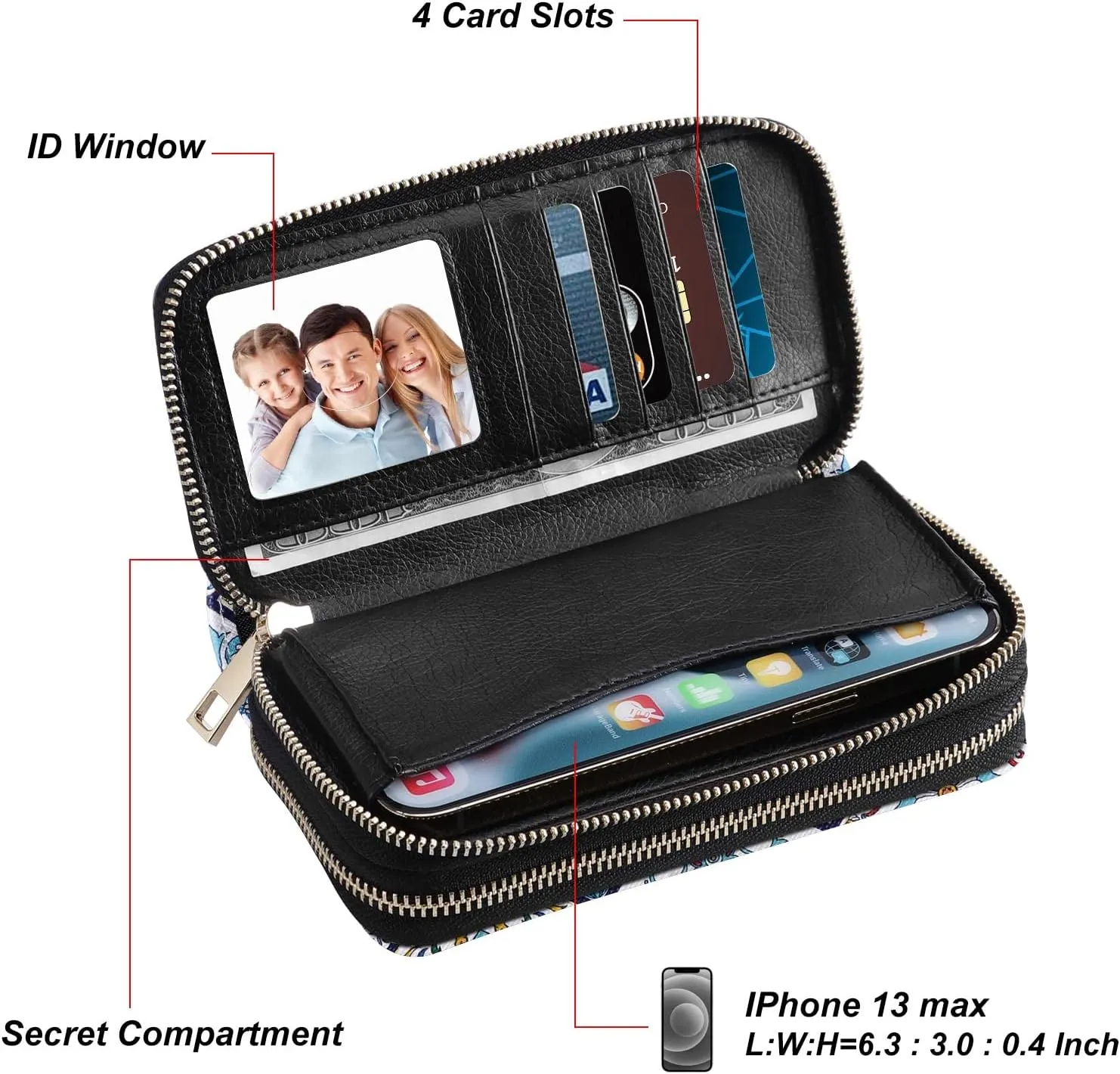 Double Zipper Wallet for Woman Clutch Purse with Cell Phone Holder for Smartphone/Card/Coin/Cash