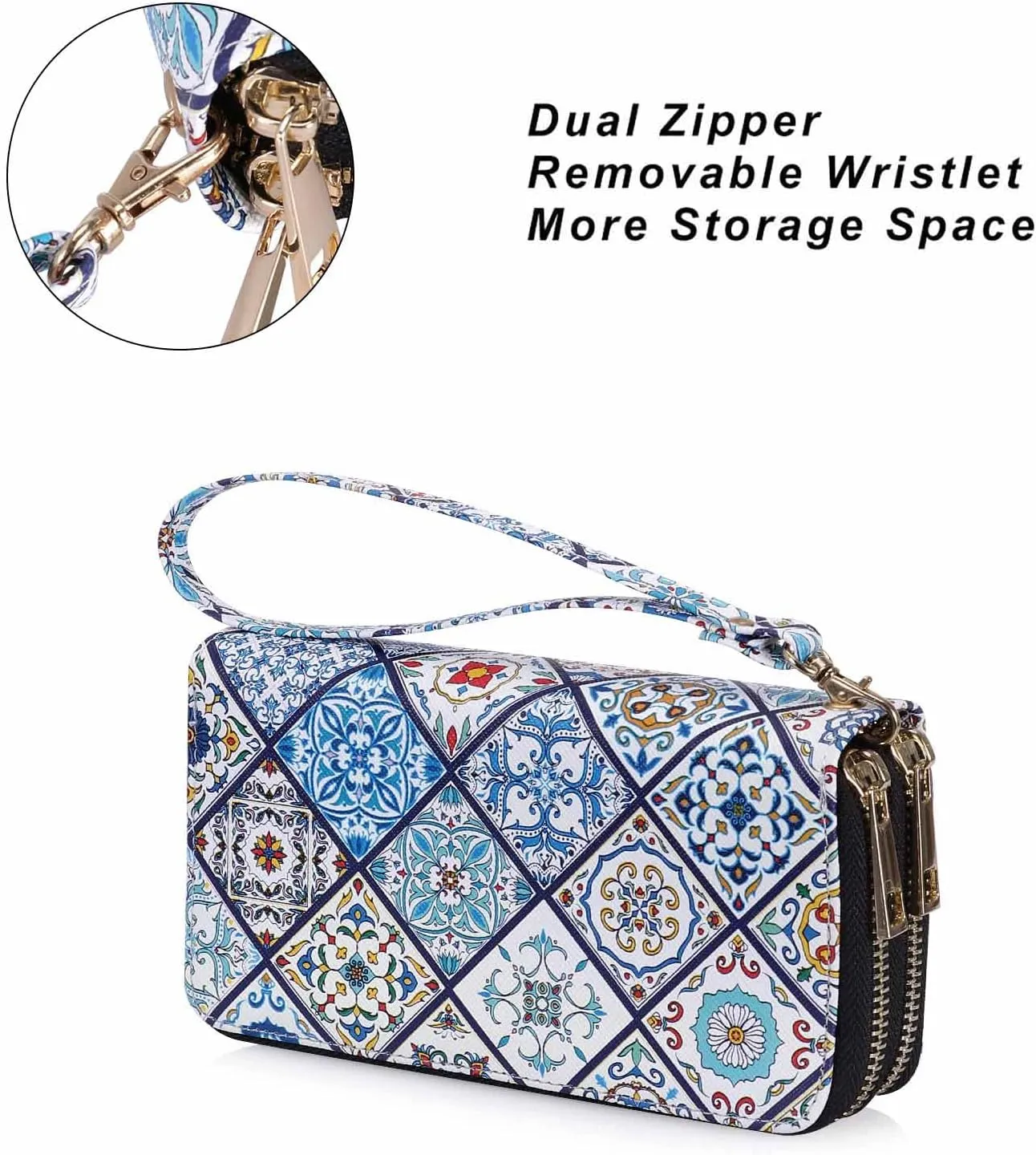 Double Zipper Wallet for Woman Clutch Purse with Cell Phone Holder for Smartphone/Card/Coin/Cash