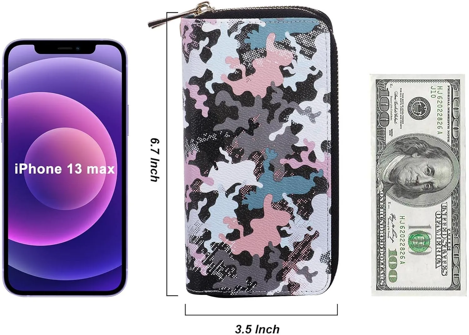Double Zipper Wallet for Woman Clutch Purse with Cell Phone Holder for Smartphone/Card/Coin/Cash