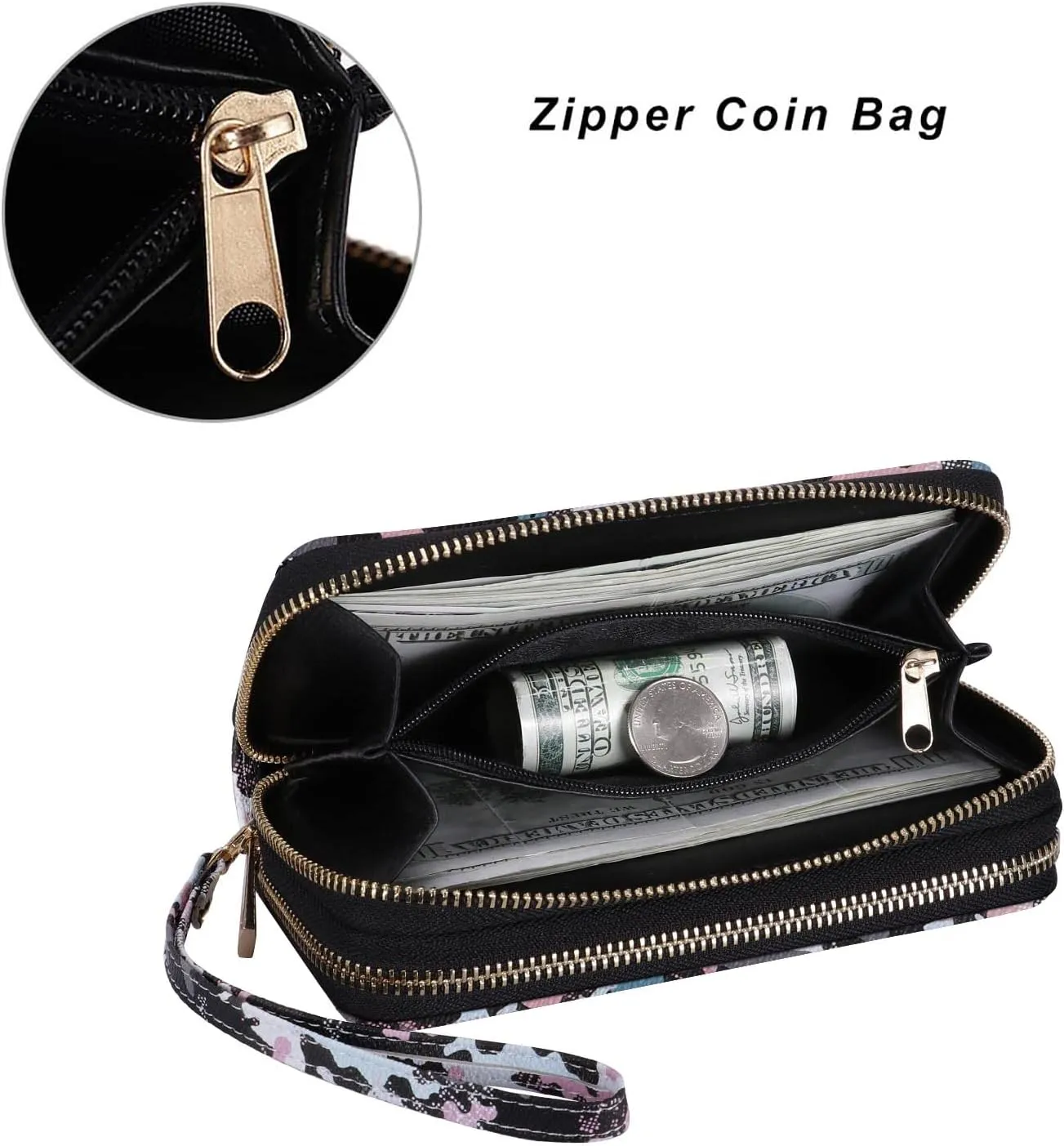 Double Zipper Wallet for Woman Clutch Purse with Cell Phone Holder for Smartphone/Card/Coin/Cash