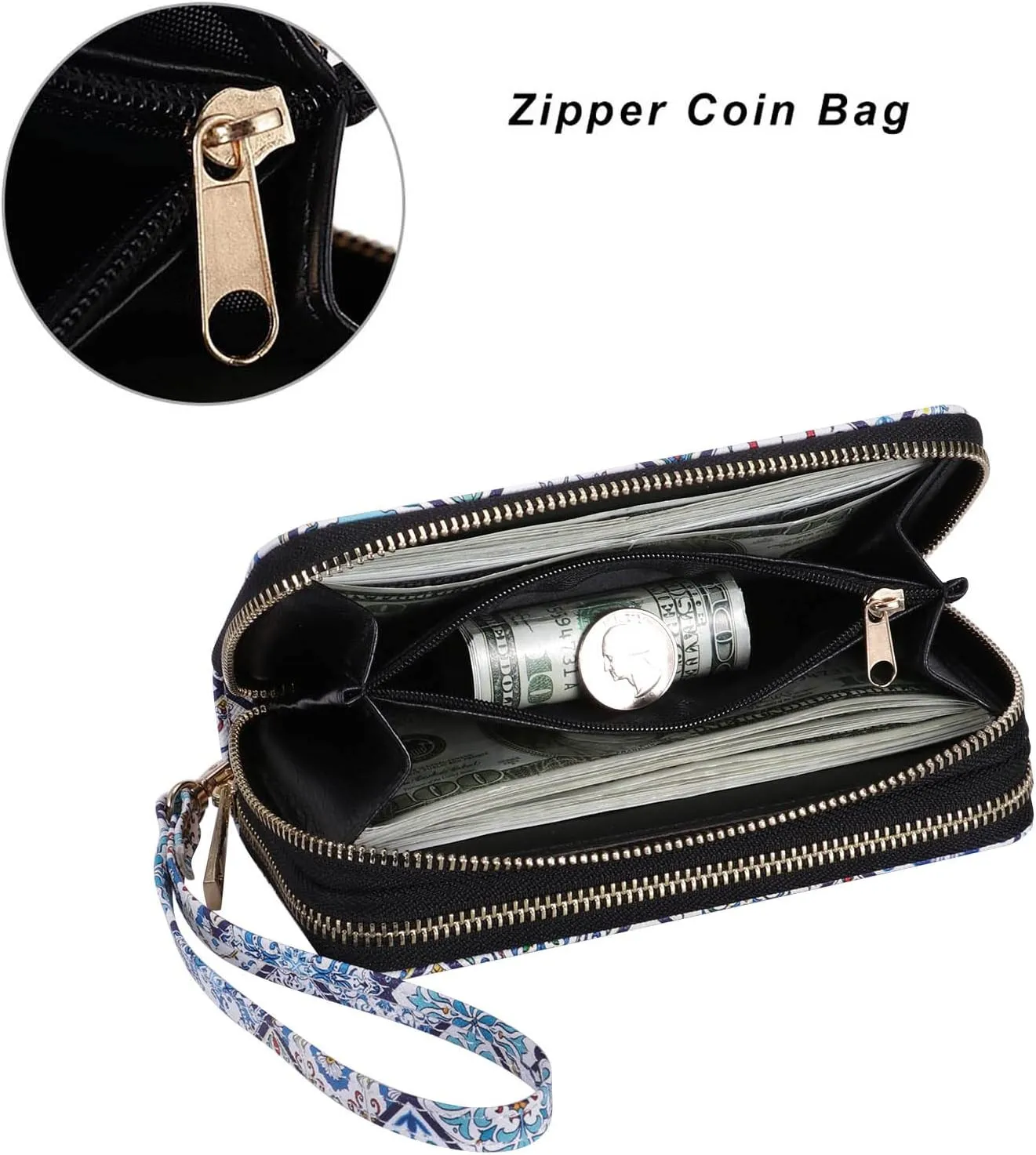 Double Zipper Wallet for Woman Clutch Purse with Cell Phone Holder for Smartphone/Card/Coin/Cash