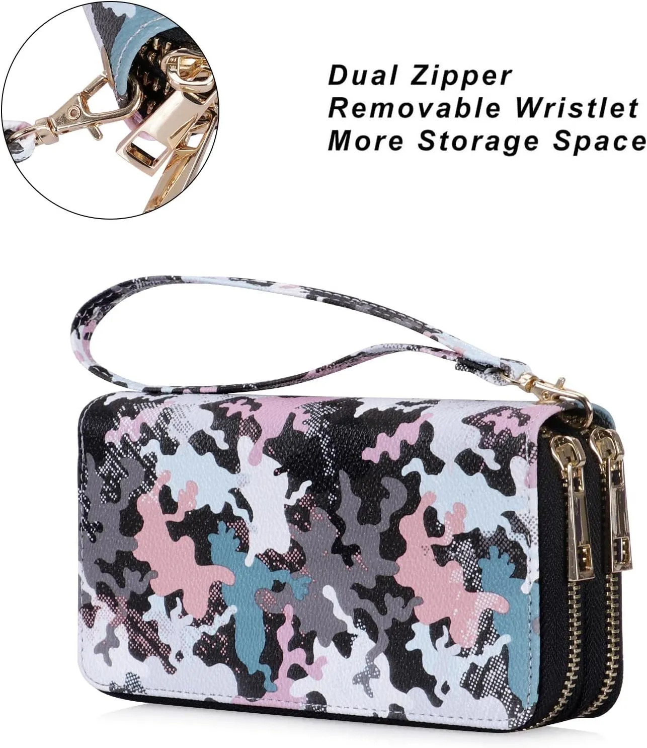 Double Zipper Wallet for Woman Clutch Purse with Cell Phone Holder for Smartphone/Card/Coin/Cash