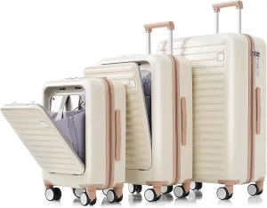 Durable Luggage Set of 3 with USB Port and Front Opening Design, Airline Certified Carry-On, Spinner Wheels, Ivory and Golden
