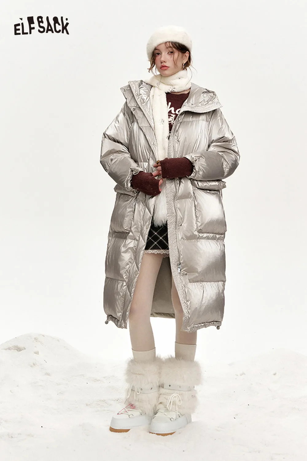 ELFSACK 2024 Winter New Arrivals Hooded drawstring pockets long down jacket for women