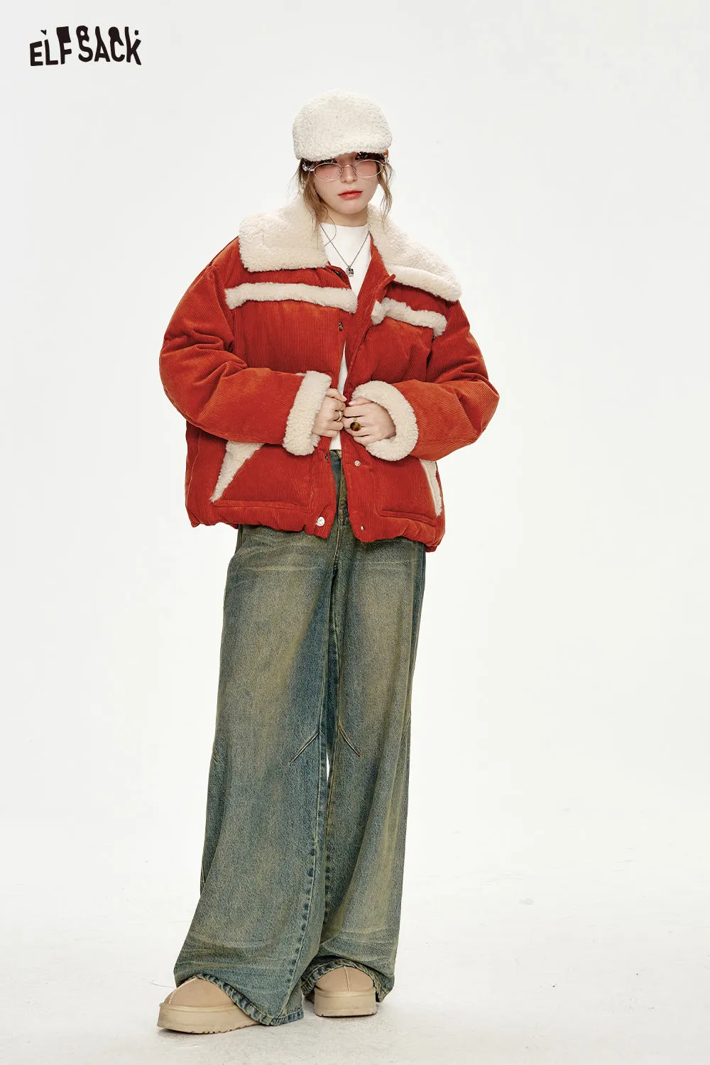 ELFSACK 2024 Winter New Arrivals New Year white plush stitching red down jacket women