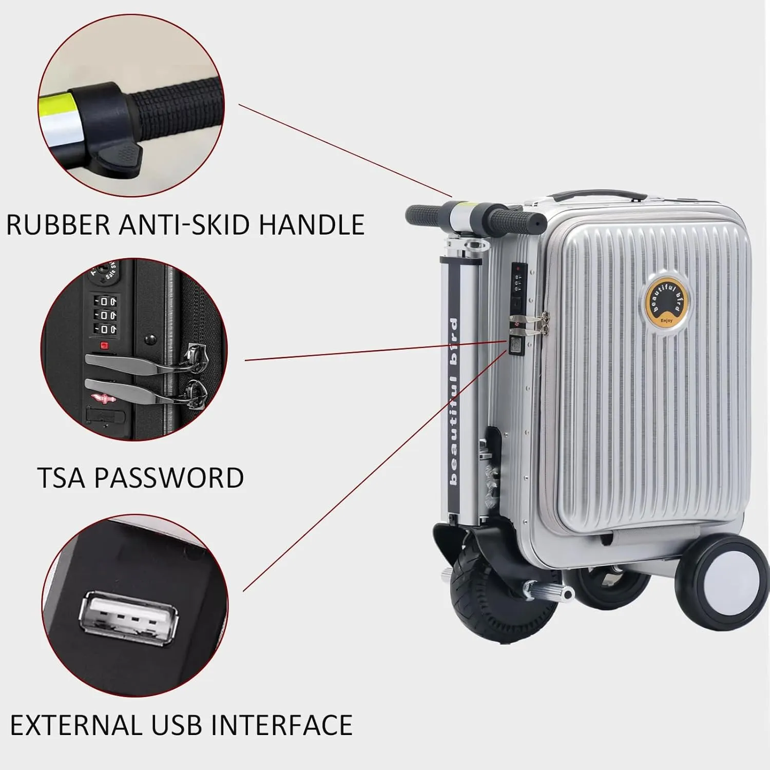 Expandable Smart Luggage,Hardside Rideable Suitcase PC ABS Durable Electric Luggage Riding Mode & Pulling Mode TSA Lock Solid Wheels 21 Inch Travel Suitcase Luggage,Checked (threaded silver)