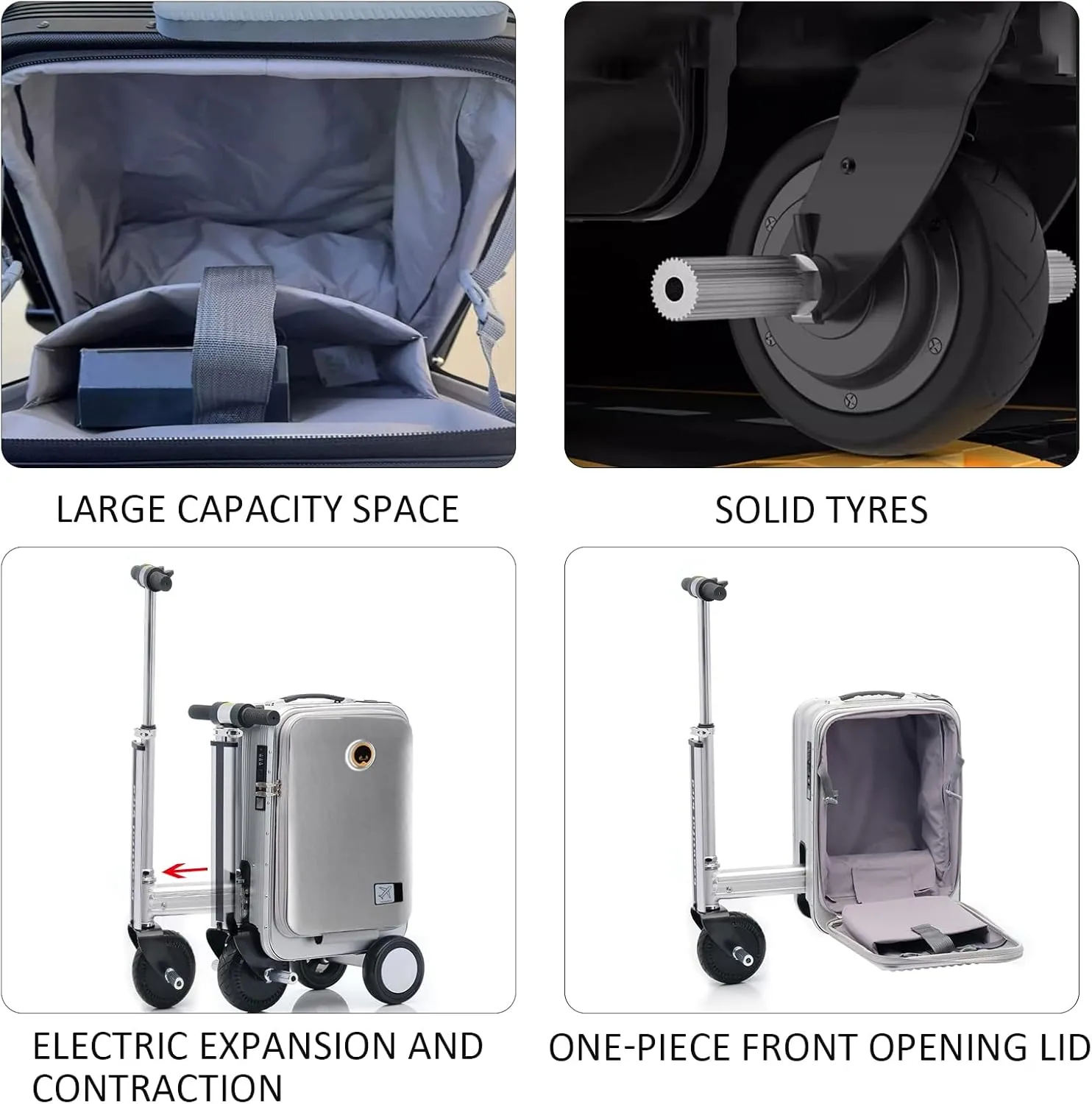 Expandable Smart Luggage,Rideable Suitcase Electric Luggage Riding Mode & Pulling Mode TSA Lock Solid Wheels Removable Battery PC ABS Durable 21 Inch Travel Suitcase Luggage,Checked (flat silver)