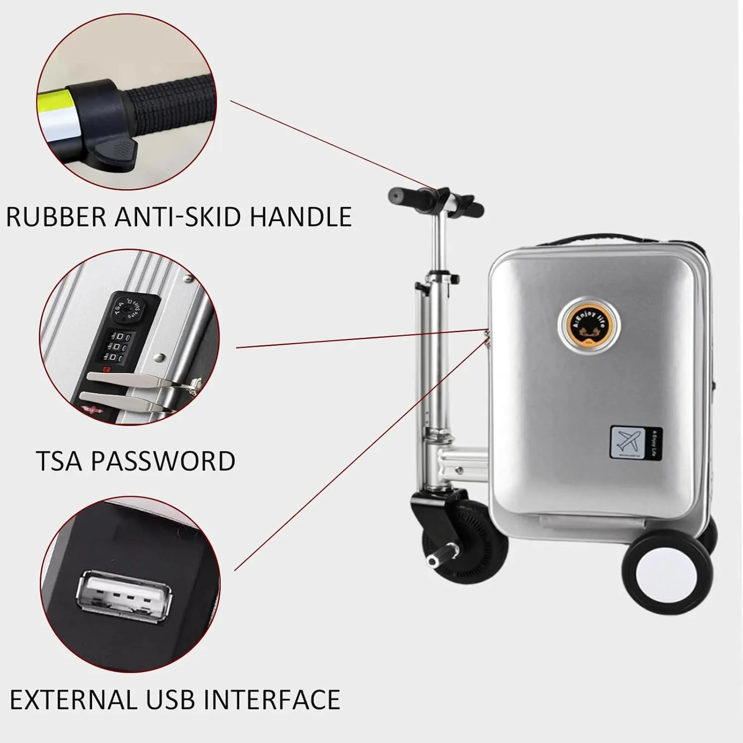 Expandable Smart Luggage,Rideable Suitcase Electric Luggage Riding Mode & Pulling Mode TSA Lock Solid Wheels Removable Battery PC ABS Durable 21 Inch Travel Suitcase Luggage,Checked (flat silver)